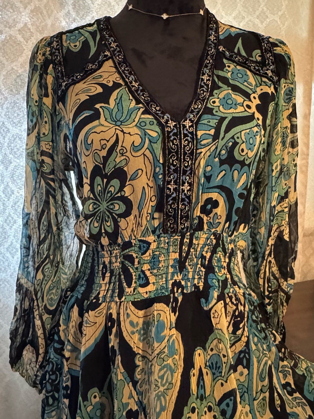 Women’s Bohemian V-Neck Floral Midi Dress in Teal and Black